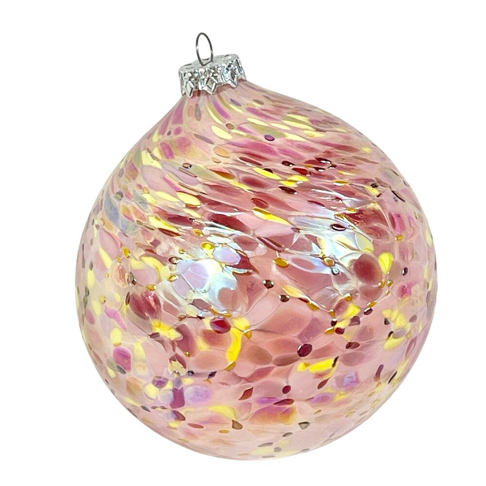 Hand Blown Art Glass Christmas Ball Ornament Pink Yellow Confetti 3" Suncatcher - Picture 2 of 5